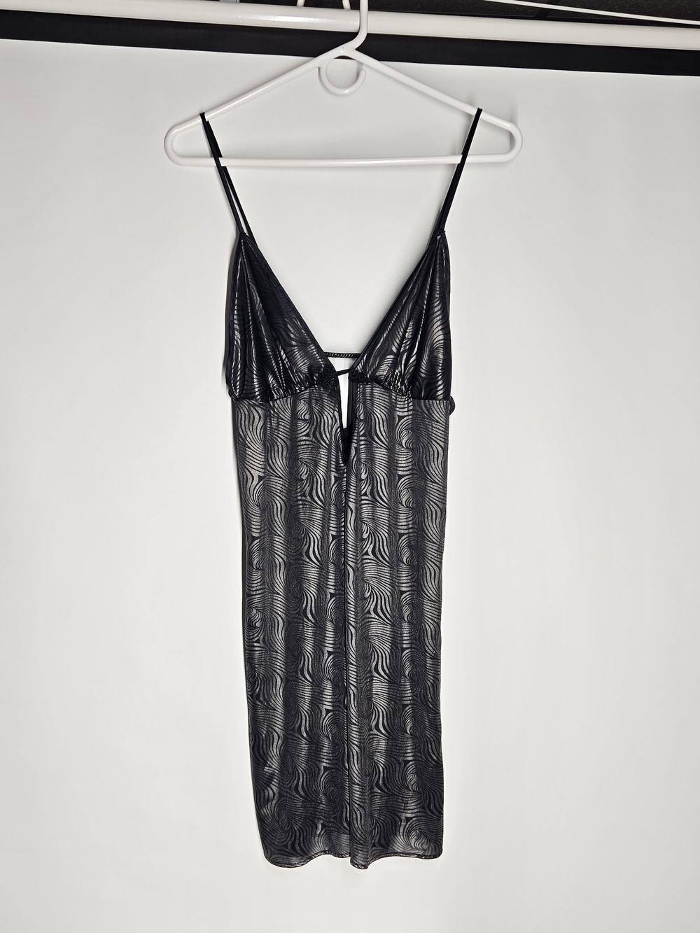 Inner Most Sheer Black and Silver Patterned Chemise with Plunge V-Neck